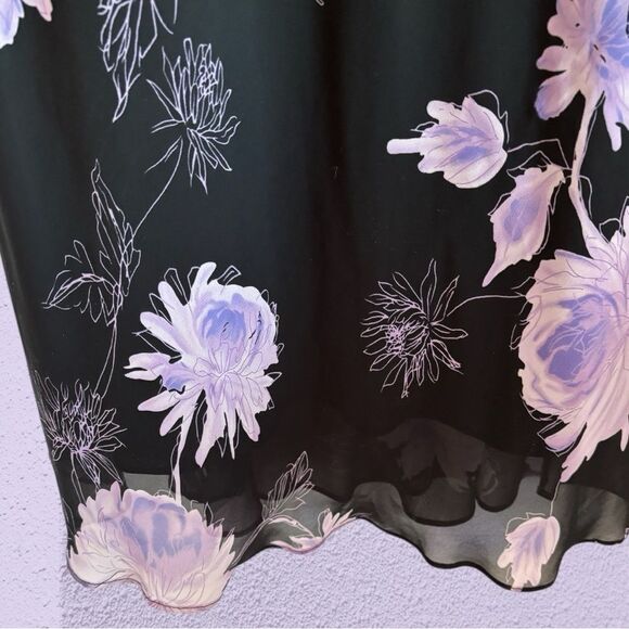 90s vintage black midi dress with large floral print chiffon - Picture 3 of 10